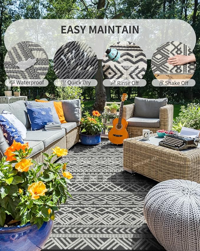 MontVoo Outdoor Rug 8x10 Waterproof Outdoor Patio Rug Mat Reverisble Plastic Straw Outdoor Rug for RV Camping Picnic Beach Balcony Boho Grey