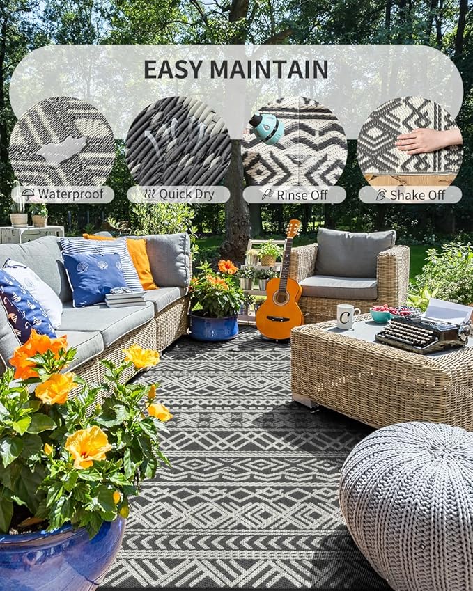 MontVoo-Outdoor Rug Waterproof 6x9 ft Outdoor Carpet Patio Rug Mat Reversible RV Camping Rug-Plastic Straw Rug Outside Outdoor Area Rug for Patio Deck Balcony Backyard Picnic Beach -Boho Grey