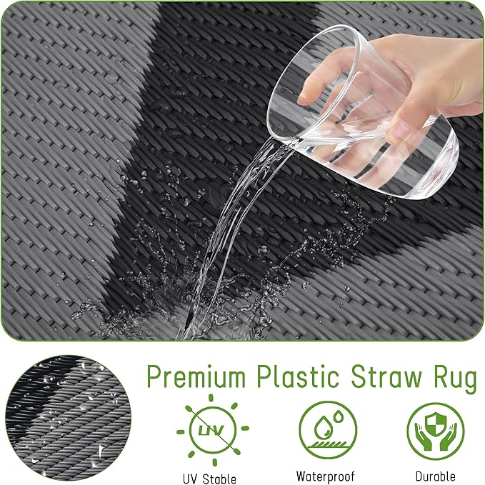 Easy-Going Reversible Outdoor Rugs 4x6ft Waterproof Plastic Straw Rug Stain & UV Resistant Floor Mat for Patio Porch RV Backyard Pool Deck Picnic Beach Trailer Camping (Waved Black & Grey)