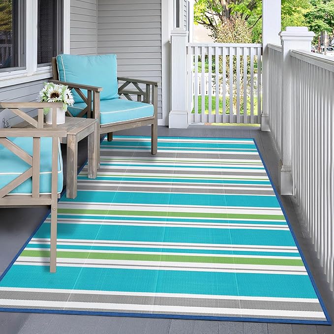 Outdoor Patio Plastic Rug Waterproof - Outdoor Rugs for Camper Outside, Rv, Porch Deck Rug Clearance, Area Carpet for Outside, Balcony, Patio Decor, Turquoise & Grey, 4x6 ft