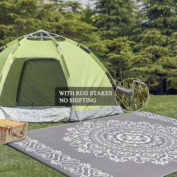 Pauwer Waterproof Outdoor Rug 6x9, Reversible Plastic Straw Patio Camping Rug, Indoor Outdoor RV Mat Carpet for Deck, Camper, Porch, Balcony, Backyard, Picnic, Floral Grey