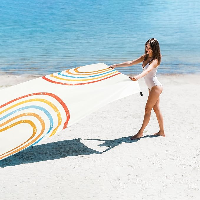 Beach Blanket Waterproof Sandproof, 110''×118'' Extra Large Sand Free Beach Mat, Foldable Compact Lightweight Quick Drying Polyester Picnic Blankets with 4 Stakes & Pockets - Rainbow Arches