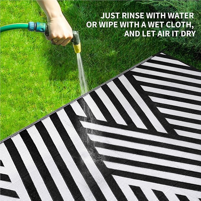 Outdoor Patio Plastic Straw Rug - 4'x6' Outdoor Camping Rug Waterproof Reversible, Area Carpet Patios Clearance RV, Outside Porch Balcony Deck for Camper, White & Black