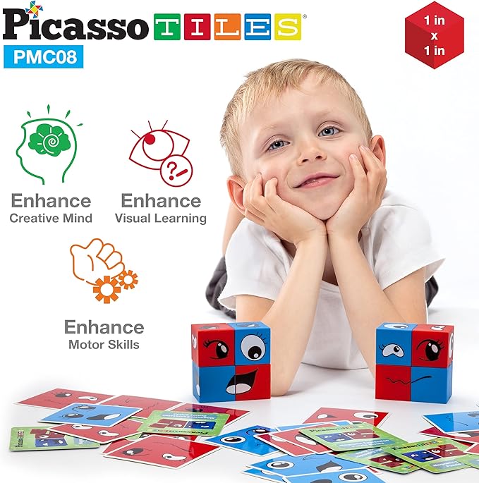 PicassoTiles Magnetic Expression Puzzle Toy Building Block Mix & Match Cubes Cubes Magnet Sensory Toys Pre-School Gifts Educational STEM Learning Kit for Kid, Baby Toddler Age 3 and Up 8 Pieces PMC08