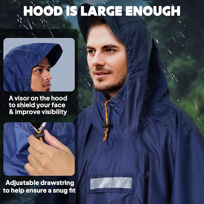ANYOO Hooded Rain Poncho for Adults Waterproof Lightweight Rain Coat for Men Women Reusable Rain Jacket for Emergency Outdoor