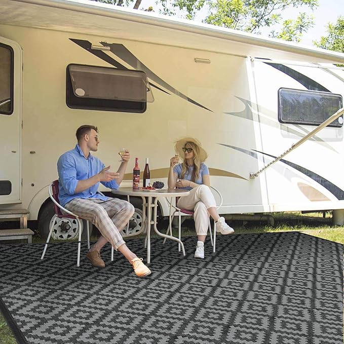 Outdoor Patio Plastic Straw Rug - 9'x12' Outdoor Camping Rug Waterproof Reversible, Area Carpet Patios Clearance RV, Outside Porch Balcony Deck for Camper, Black & Grey