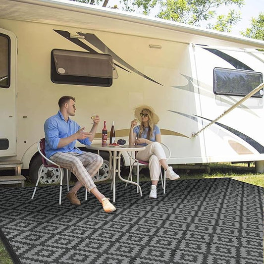 Outdoor Patio Plastic Straw Rug - 9'x12' Outdoor Camping Rug Waterproof Reversible, Area Carpet Patios Clearance RV, Outside Porch Balcony Deck for Camper, Black & Grey