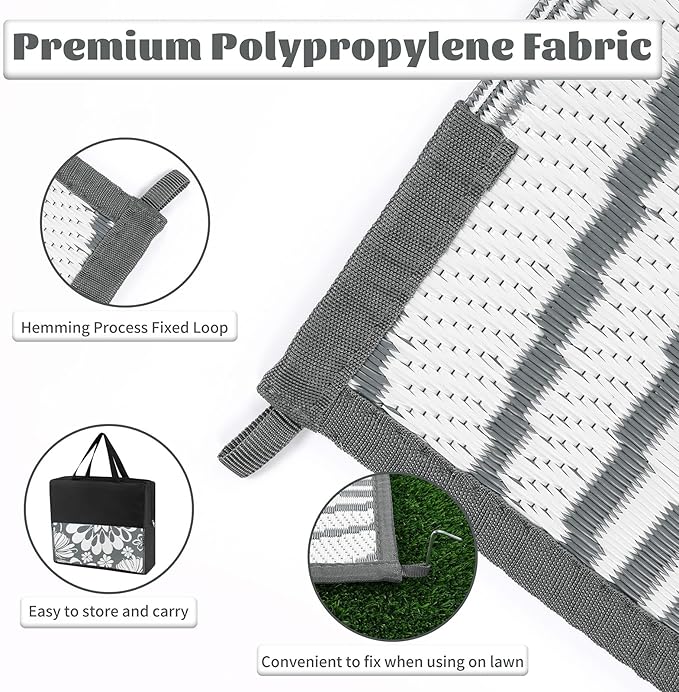 Ileading Outdoor Plastic Straw Rug 6x9ft Funny Floral Style Reversible Patio Area Rugs Waterproof Non Shedding Portable Carpets for Rv Outside Deck Pool Beach Picnic Camping (Grey)