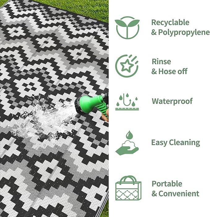 GENIMO Outdoor Rug for Patio, 6' x 9' Lightweight Waterproof Plastic Straw Rugs, Reversible Camping Carpet, Large Area Rugs Mat for RV, Deck, Balcony, Porch, Backyard, Black & White