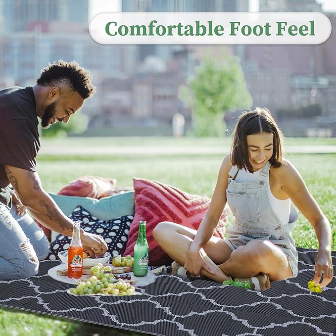 Ogrmar 9x12 FT Reversible Mats, Outdoor Rug for Patio Clearance, Waterproof Carpet, Plastic Straw Rug for Indoor Outdoor, Floor Mat&Rug for RV Porch Camping Backyard Deck Balcony Beach Trailer (Black)