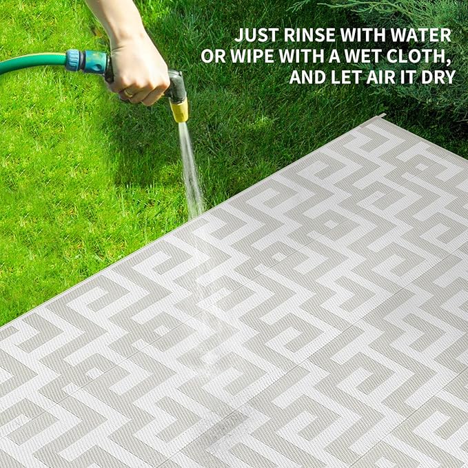 Outdoor Patio Plastic Straw Rug - 6'x9' Outdoor Camping Rug Waterproof Reversible, Area Carpet Patios Clearance RV, Outside Porch Balcony Deck for Camper, Grey & White
