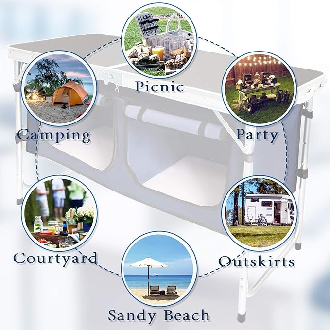 CampLand Outdoor Folding Table Aluminum Lightweight Height Adjustable with Storage Organizer for BBQ, Party, Camping