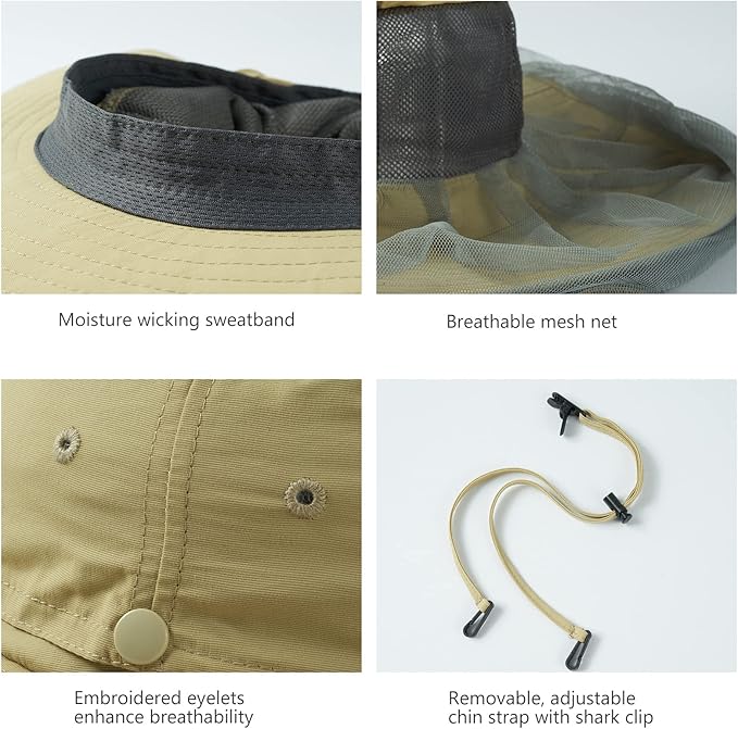 BASSDASH UPF 50+ Mosquito Sun Hat with Hidden Head Net and Neck Flap for Men Women Outdoor Fishing Hiking Camping FH16