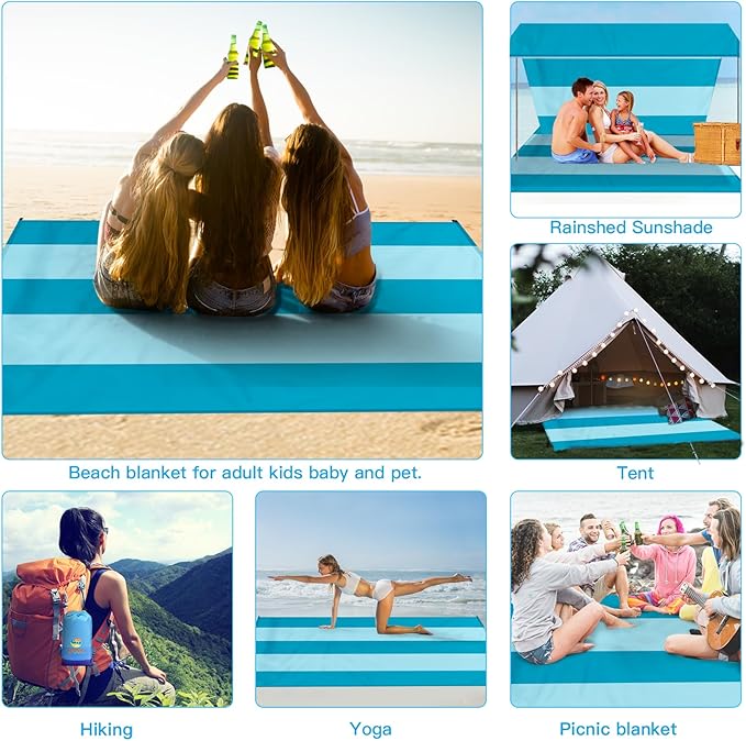 BYDOLL Beach Blanket Waterproof Sandproof 78''×81'' 1-7 Adults Oversized Lightweight Large Picnic Mat Waterproof Sandproof Blanket for Beach