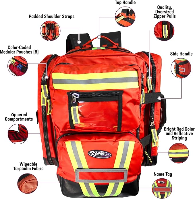 Kemp USA Heavy-Duty EMT Bag, Made with Fluid-Resistant Tarpaulin Material - Emergency Survival Kit with Room for D O2 Tank - Medical Backpack with Multiple Handles