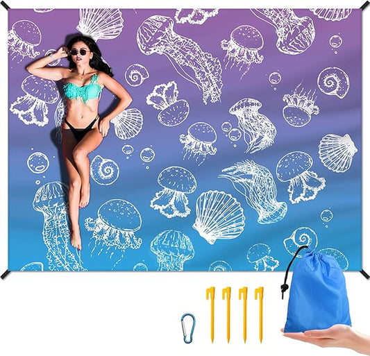 Beach Blanket Waterproof Sandproof Large Beach Mat 83" X 106" for 3-5 Adults Sand Free Mat Quick Drying,Lightweight & Durable with 4 Stakes & 4 Corner Pockets for Beach Camping .(Purple)