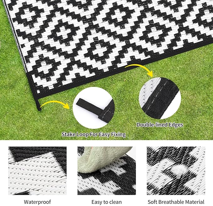 Outdoor Patio Plastic Straw Rug - 9'x12' Outdoor Camping Rug Waterproof Reversible, Area Carpet Patios Clearance RV, Outside Porch Balcony Deck for Camper, Black & White