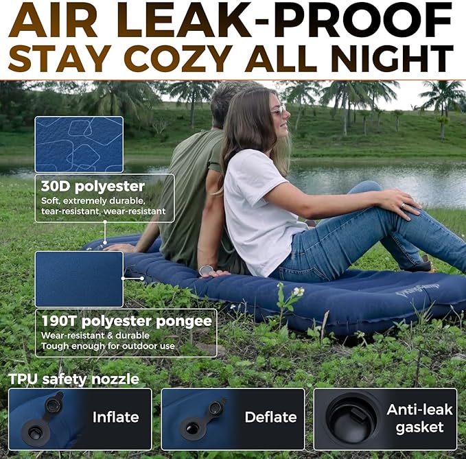 KingCamp Double Sleeping Pad for Camping, Rollover Prevention Inflatable Queen Camping Mattress 2 Person Ultralight Air Mat for Backpacking Hiking Tent Cot, PVC Free
