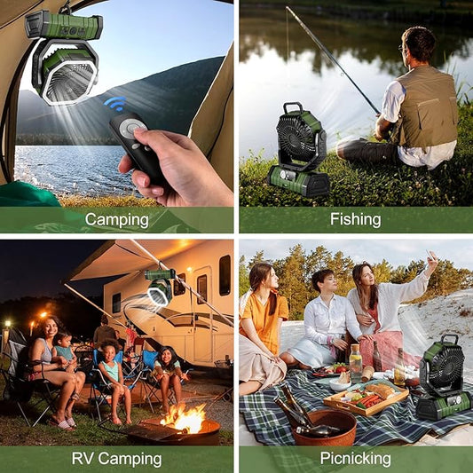 Odoland 30000mAh Camping Fan with LED Lantern, Rechargeable Battery Operated Oscillating with Remote Hook Stroage Bag, Portable Tent Fan with Timer, 4 Speeds for Outdoor RV Jobsite Power Outage, Green