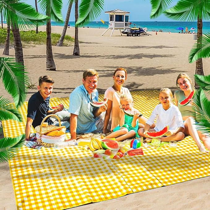ZHUYNXIR Extra Large Picnic, Waterproof Blanket, Gingham Picnic Mat for Beach, Camping Grass Picnic Blankets. (Yellow 58x58 inch)