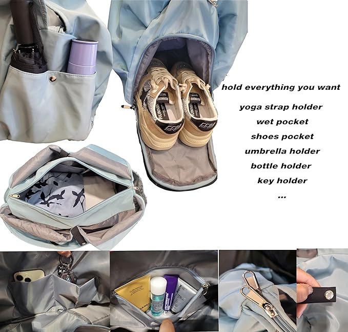 Gym bag with yoga mat holder Gym Bag for Women yoga bag with Shoes Compartment and Wet Dry Storage Pockets with Adjustable yoga mat holder (blue)