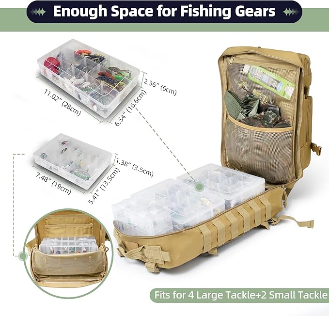 45l Large Fishing Tackle Backpack with Removable Plier Holder & Rod Holders, Khaki Tactical Bag, Fishing Gear and Tackle Box Organizer, Hiking Rucksack without Tackle Box
