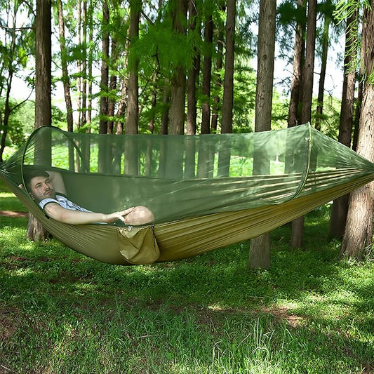 LFL Camping Hammock with Mosquito Net, Portable Hammock with Net, 1 & 2Persons Outdoor Swing Hammock, Nylon Parachute Material Outside Quick Opening, Hiking Travel Courtyard (Green)