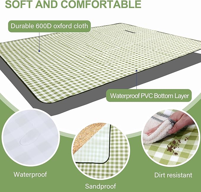 Outdoor Picnic Blanket 80"X80" Picnic Mat Extra Large Camping Blanket Beach Blanket Foldable Waterproof Sand Mat Hiking Travel Family Concerts(Green)