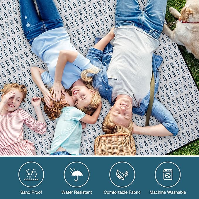 Picnic Blankets Washable | Beach Mat Sand Free Waterproof | Camping Blankets | Emergency Blankets | Picnic Baskets Accessories with Waterproof Backing and Shoulder Strap - BlueLeaf