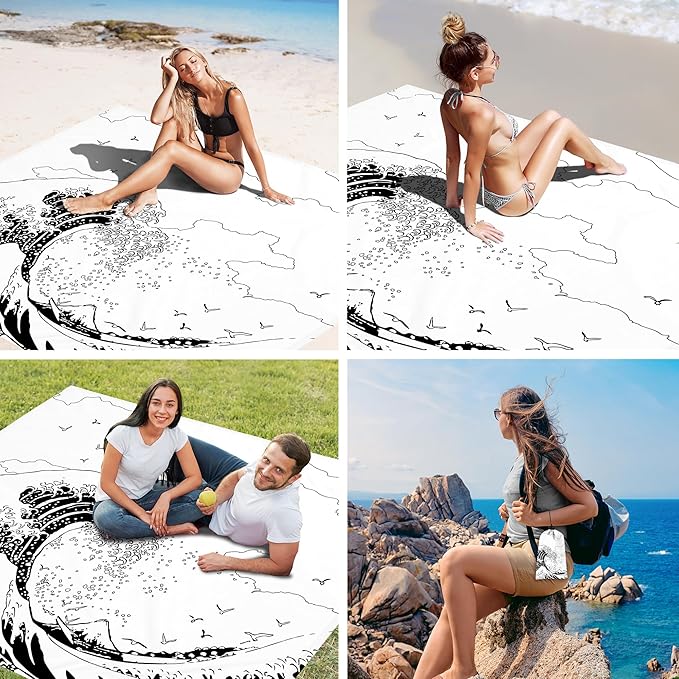 Beach Blanket, Large Sandproof & Waterproof Picnic Blankets, Quick Drying Sand Free Lightweight Beach Mat with 4 Stakes & Pockets for Outdoor Travel Camping Hiking Vacation Essentials - The Great Wave