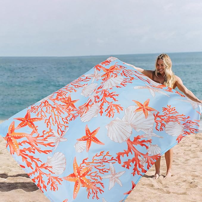 Beach Blanket, Waterproof Sandproof Beach Blanket with 4 Stakes & 4 Pockets, 78''×86'' Large Compact Lightweight Sand Free Outdoor Mat Essentials for Camping, Travel, Hiking