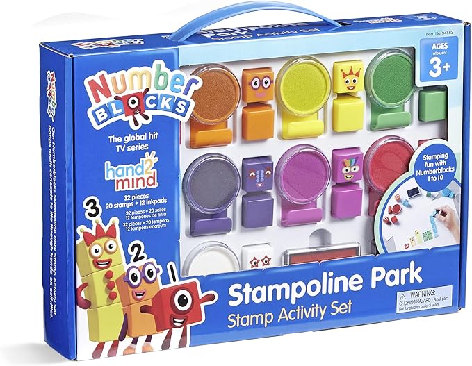 hand2mind Numberblocks Stampoline Park Stamp Activity Set, 20 Kids Stamps, 12 Washable Ink Pads, Number Toys, Preschool Learning Activities, Math Toys, Toddler Counting Toys, Birthday Gifts for Kids