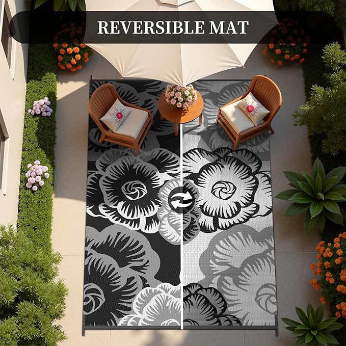 MontVoo Outdoor Rug-Waterproof Camping Rug Patio Rug Mat 6x9 ft Reversible Plastic Straw Outside Outdoor Rug for RV Camping Picnic Beach Balcony Backyard Pool Deck Porch Farmhouse Floral Black