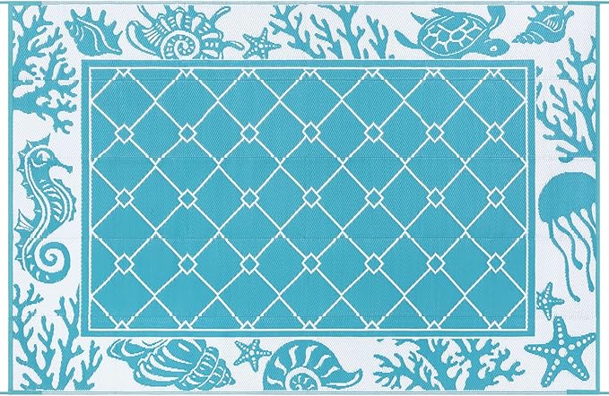 Vaukki Reversible Rugs, Plastic Straw Outdoor Doormat, Fade Resistant Plastic Outdoor Patio Mat, Lightweight Ocean Area Carpet for Patio, RV, Camping, Beach, Deck, Backyard and Picnic (Teal, 6'x9')