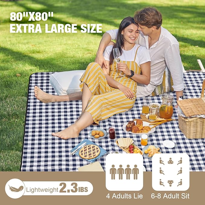 G GOOD GAIN Picnic Blankets Outdoor Extra Large - 80"x80" Portable Waterproof Picnic Blanket, Machine Washable 3-Layer Foldable Park Mat with Sandproof Backing for Grass, Hiking, Travel (Blue)
