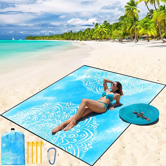 Beach Blanket Waterproof Sandproof Beach Mat 79" X 83" /10'x9'for 2-8 Adults Quick Drying Outdoor Picnic Mat Beach Accessories for Travel, Camping, Hiking