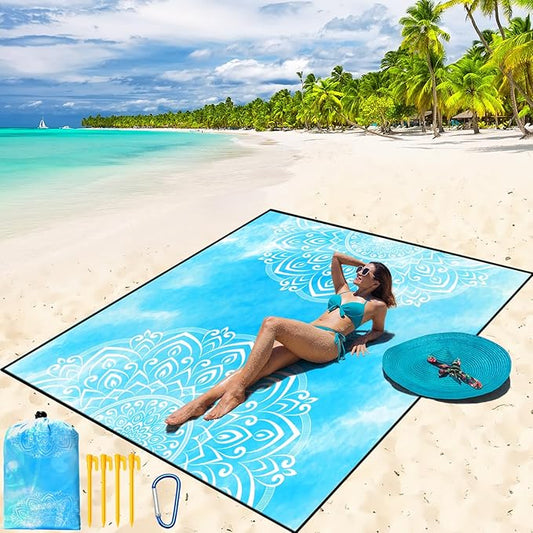 Beach Blanket Waterproof Sandproof Beach Mat 79" X 83" /10'x9'for 2-8 Adults Quick Drying Outdoor Picnic Mat Beach Accessories for Travel, Camping, Hiking