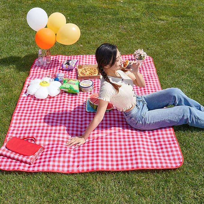 Large Beach Blanket Outdoor Picnic Blankets, Foldable Waterproof Sand Free beach Mat for Festival BBQ Park Grass Lawn Camping Hiking Travel Concerts,Suitable for 2-4 people (Classic Red Check,80x60in)