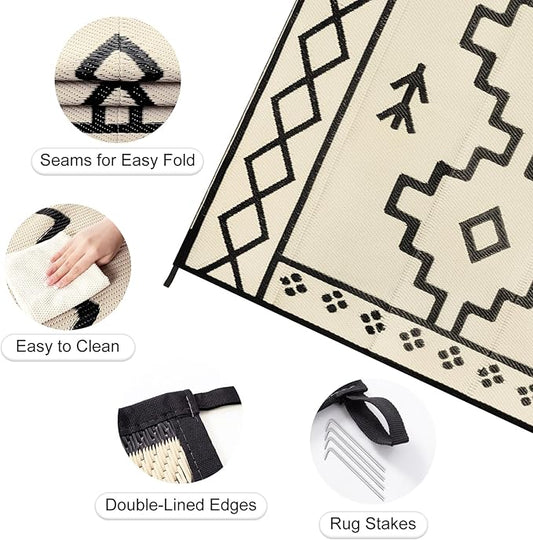 Uphome Outdoor Rugs 8x10 Waterproof, Reversible Tan Boho RV Camping Rug, Patio Plastic Straw Outside Rug, Large Foldable Outdoor Mat Carpet for Backyard Deck Pool Balcony Picnic Beach, 8'x10'