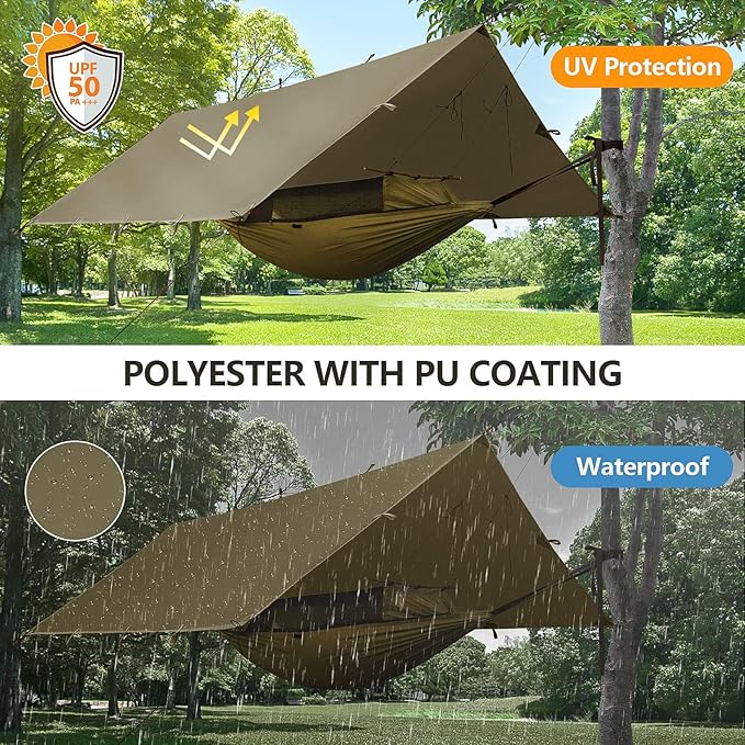 FREE SOLDIER Camping Tarp Waterproof Portable Multifunctional Outdoor Traveling Awning Backpacking Shelter Rain Tarp (Olive-Green 10×10.5ft)