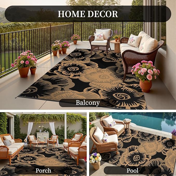MontVoo Outdoor Rug-Waterproof Patio Rug Mat 5x8 Outdoor Carpet Mat Reversible Plastic Straw Outside Outdoor Rug for RV Camping Picnic Beach Balcony Backyard Pool Deck Farmhouse Floral Black Brown