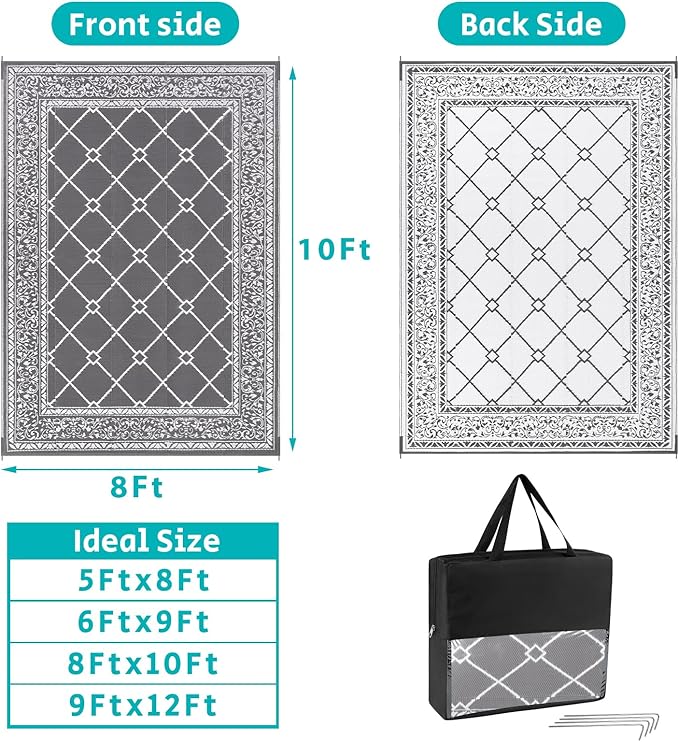 HEBE Outdoor Rug 8'x10' for Patios Waterproof Clearance Reversible Patio Mat Plastic Straw Rug RV Camping Mat Outside Area Rug Carpet for Camping RV,Porch,Deck,Balcony,Camper,Backyard