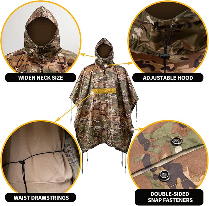 Camo Rain Poncho, Multi Use Waterproof Rain Coat
