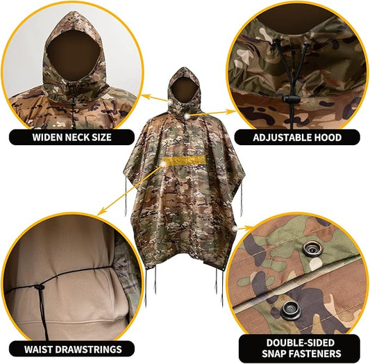 Camo Rain Poncho, Multi Use Waterproof Rain Coat