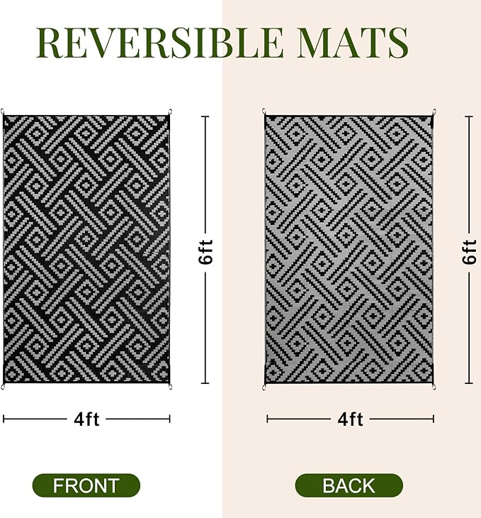 OPPODREAM Outdoor Rug 4x6 Ft, Waterproof Outdoor Plastic Straw Rug for Patio, Reversible Out Door Carpet for Camping, Deck, Rv, 4 x 6 Area Carpet for Balcony, Porch, Backyard, Black and Grey