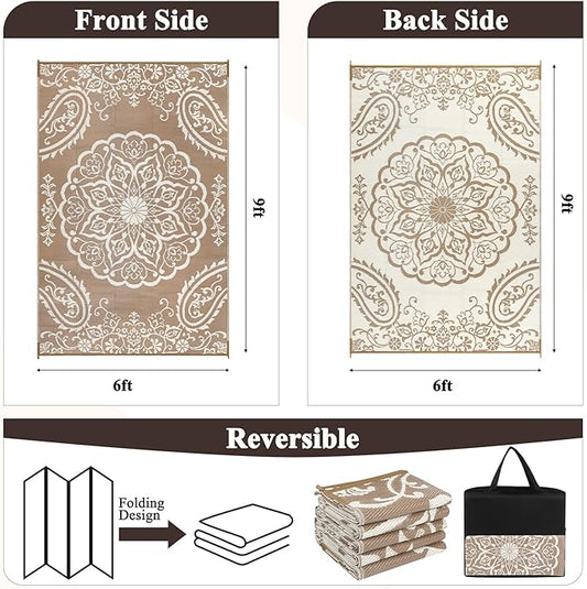 Pauwer Waterproof Outdoor Rug 6x9, Reversible Plastic Straw Patio Camping Rug, Indoor Outdoor RV Mat Carpet for Deck, Camper, Porch, Balcony, Backyard, Picnic, Boho Brown