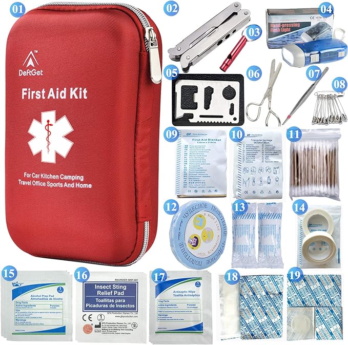 deftget 163 Pieces First Aid Kit Waterproof IFAK Molle System Portable Essential Injuries Medical Emergency Equipment Survival Kits for Car Kitchen Camping Travel Office Sports Home Ligth Red