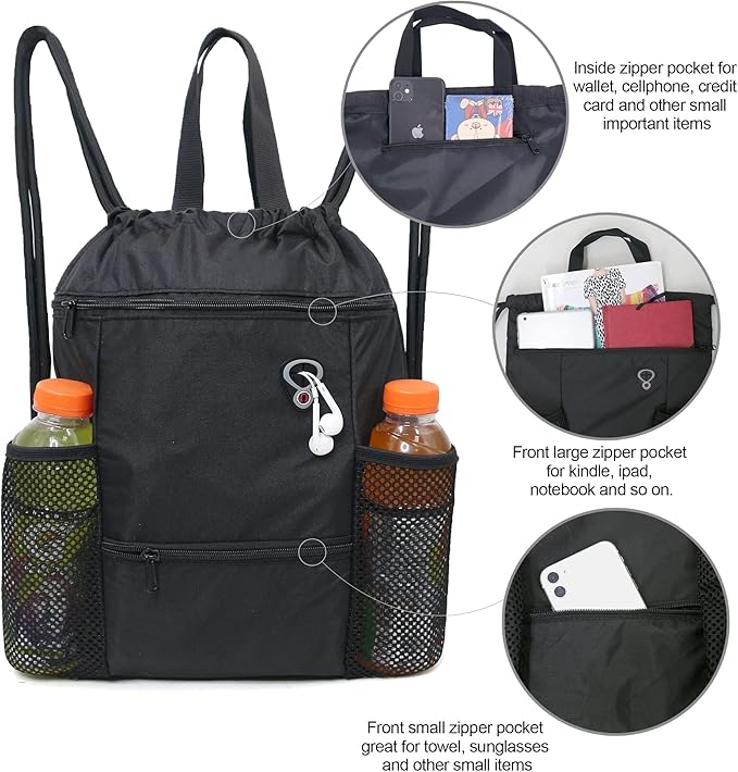 BeeGreen Drawstring Backpack Sports Gym Bag With Shoe Compartment and Two Water Bottle Holder …