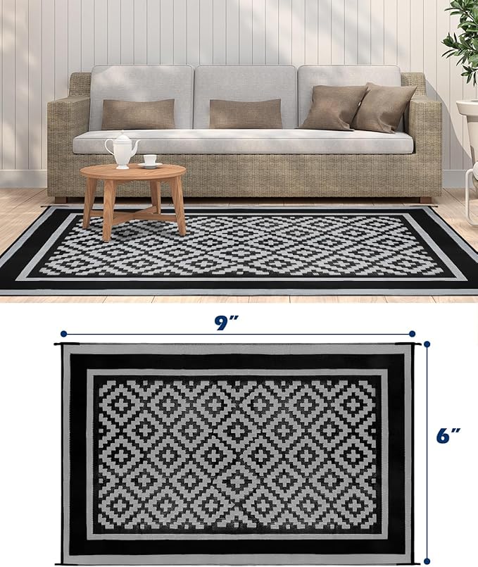 Kohree Outdoor Rug Waterproof 6x9 ft, RV Outdoor Plastic Straw Rug for Patios Clearance,Reversible Area Rug for Camping,Balcony,Deck,Black & Gray
