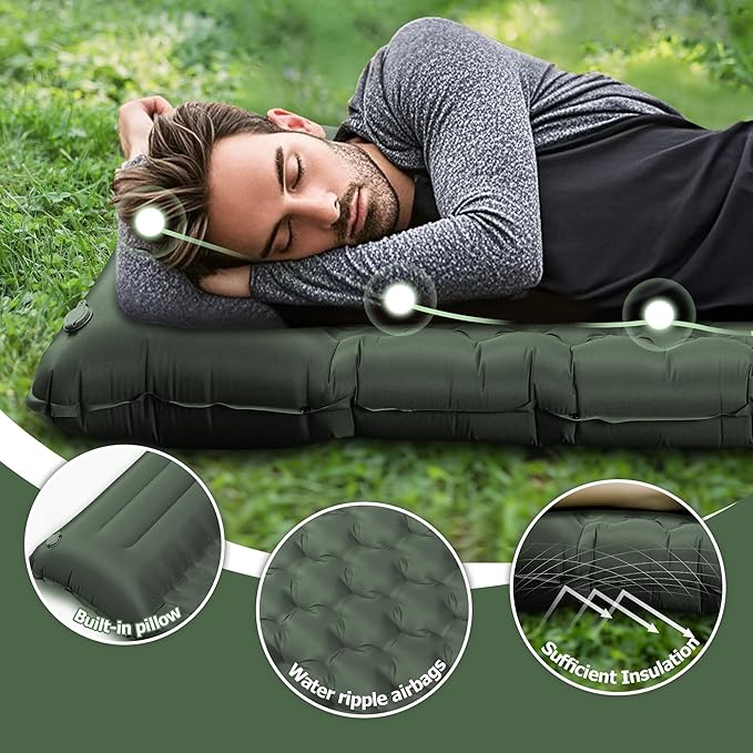 Sleeping Pad for Camping, Ultralight 4.7" Extra-Thick Inflatable Camping Mat with Pillow Built-in Foot Pump, Compact Lightweight Air Mattress for Backpacking Hiking Car travel Tent, Military Green